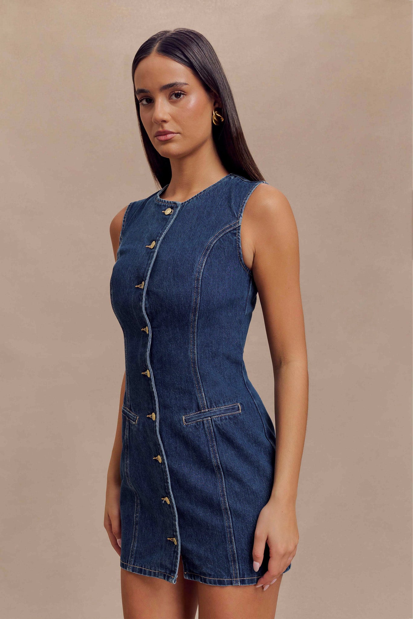 Jane Düğmeli Denim Mini Elbise