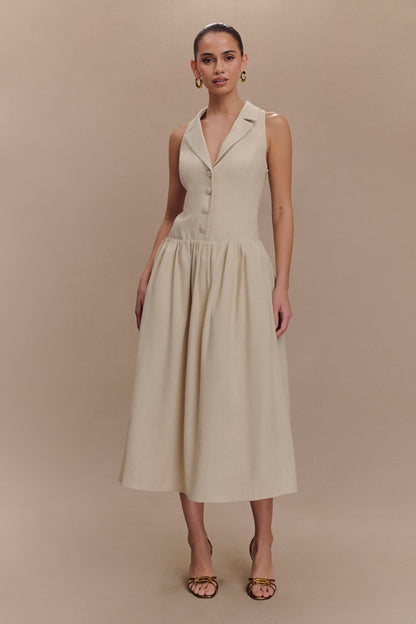 Valery Linen Midi Collar Dress - Natural